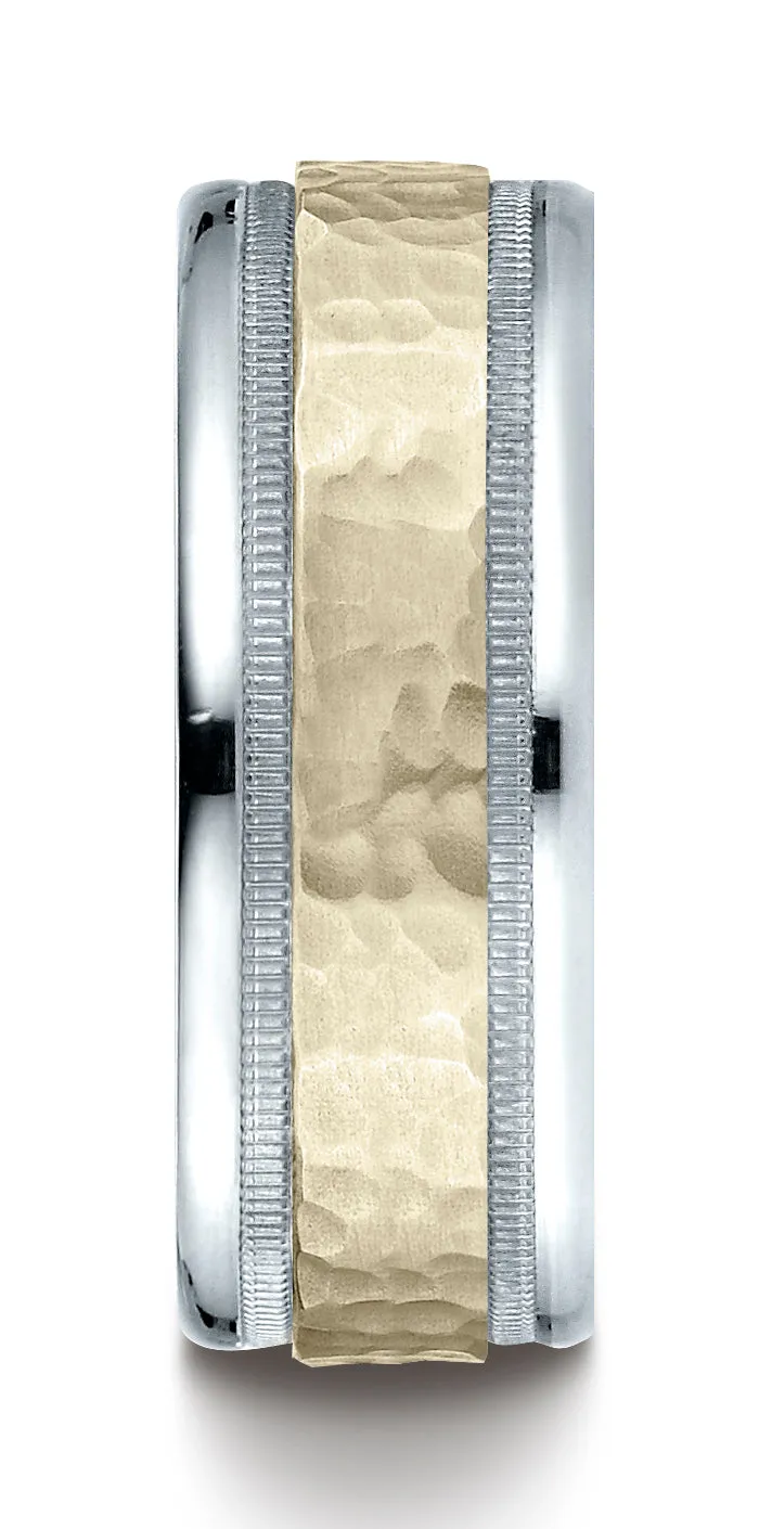 Benchmark 14K Two-Toned Gold 8mm Comfort-Fit Hammered-Finished with Milgrain Carved Design Wedding Band