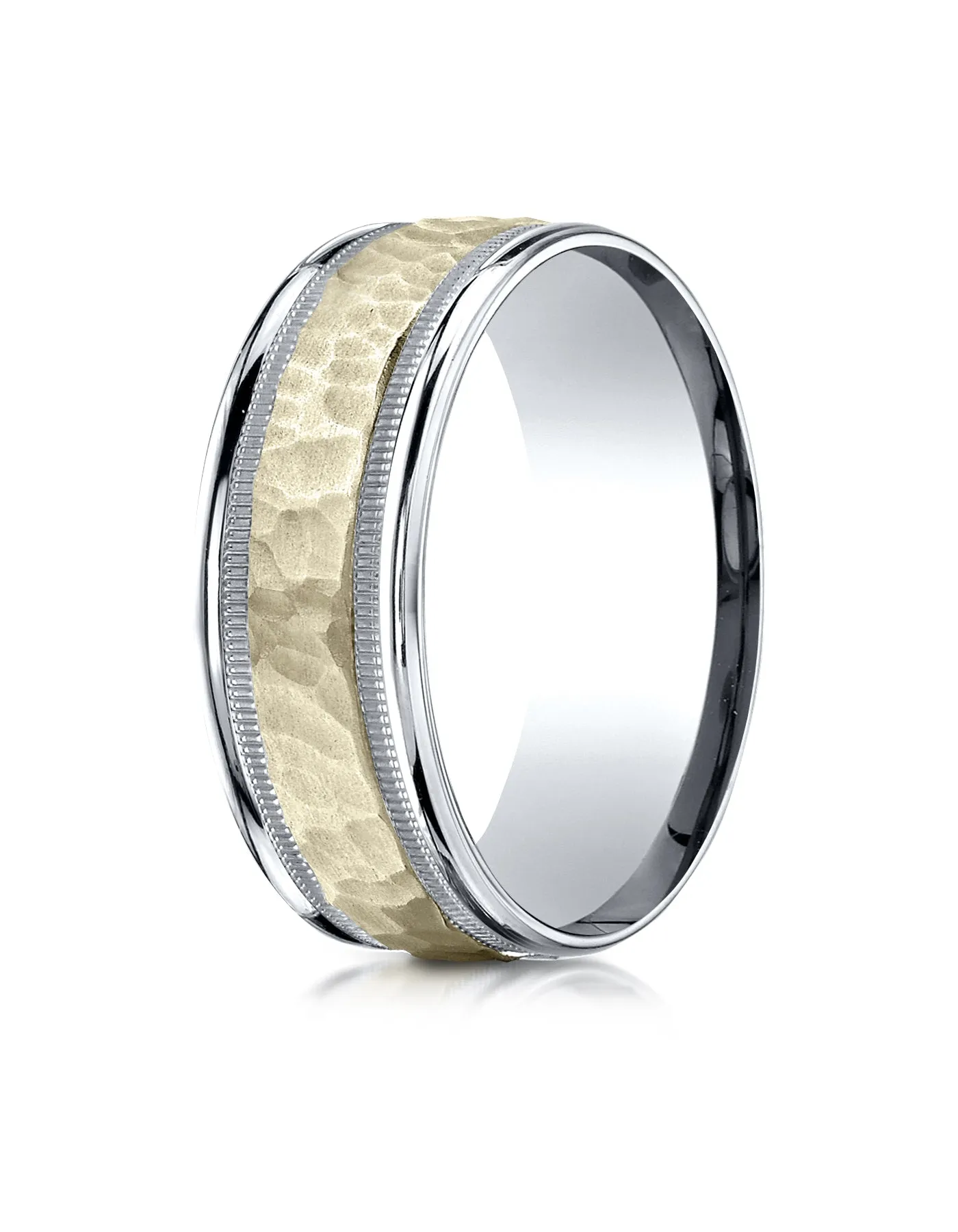 Benchmark 14K Two-Toned Gold 8mm Comfort-Fit Hammered-Finished with Milgrain Carved Design Wedding Band