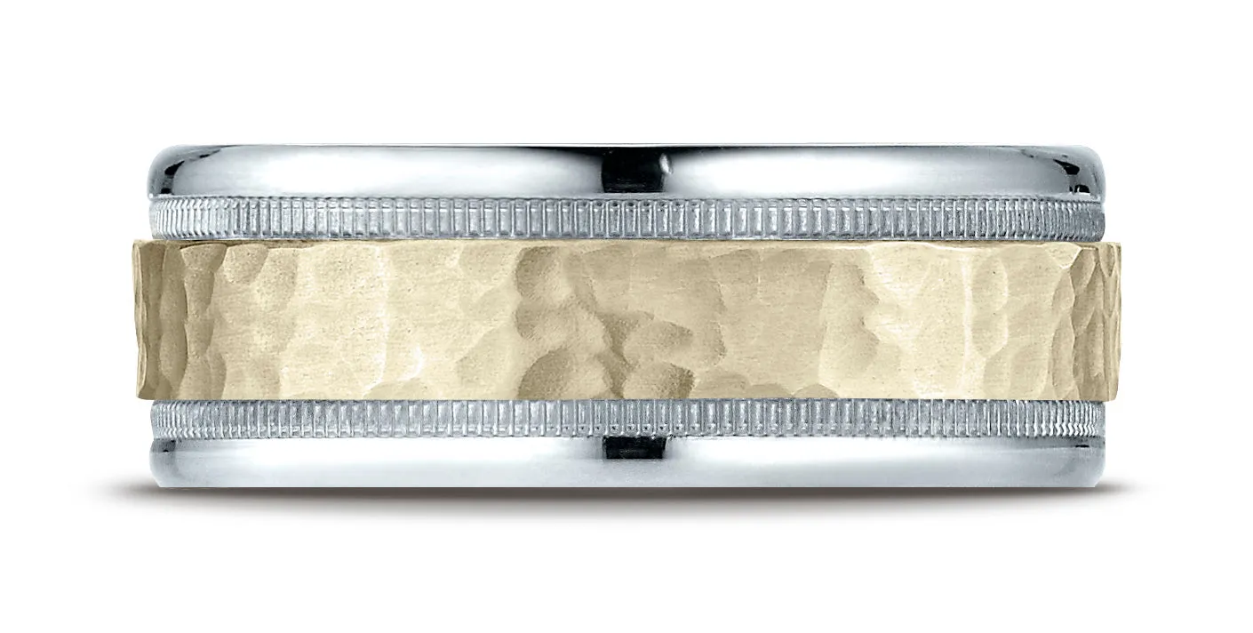 Benchmark 14K Two-Toned Gold 8mm Comfort-Fit Hammered-Finished with Milgrain Carved Design Wedding Band