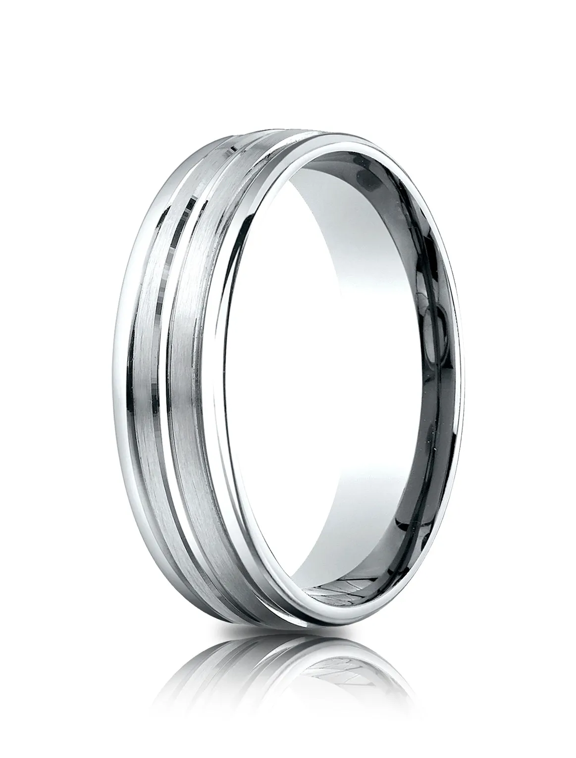Benchmark 14k White Gold 6.5mm Comfort-Fit Satin-Finished, Polished Center & Round Edge Carved Design Band