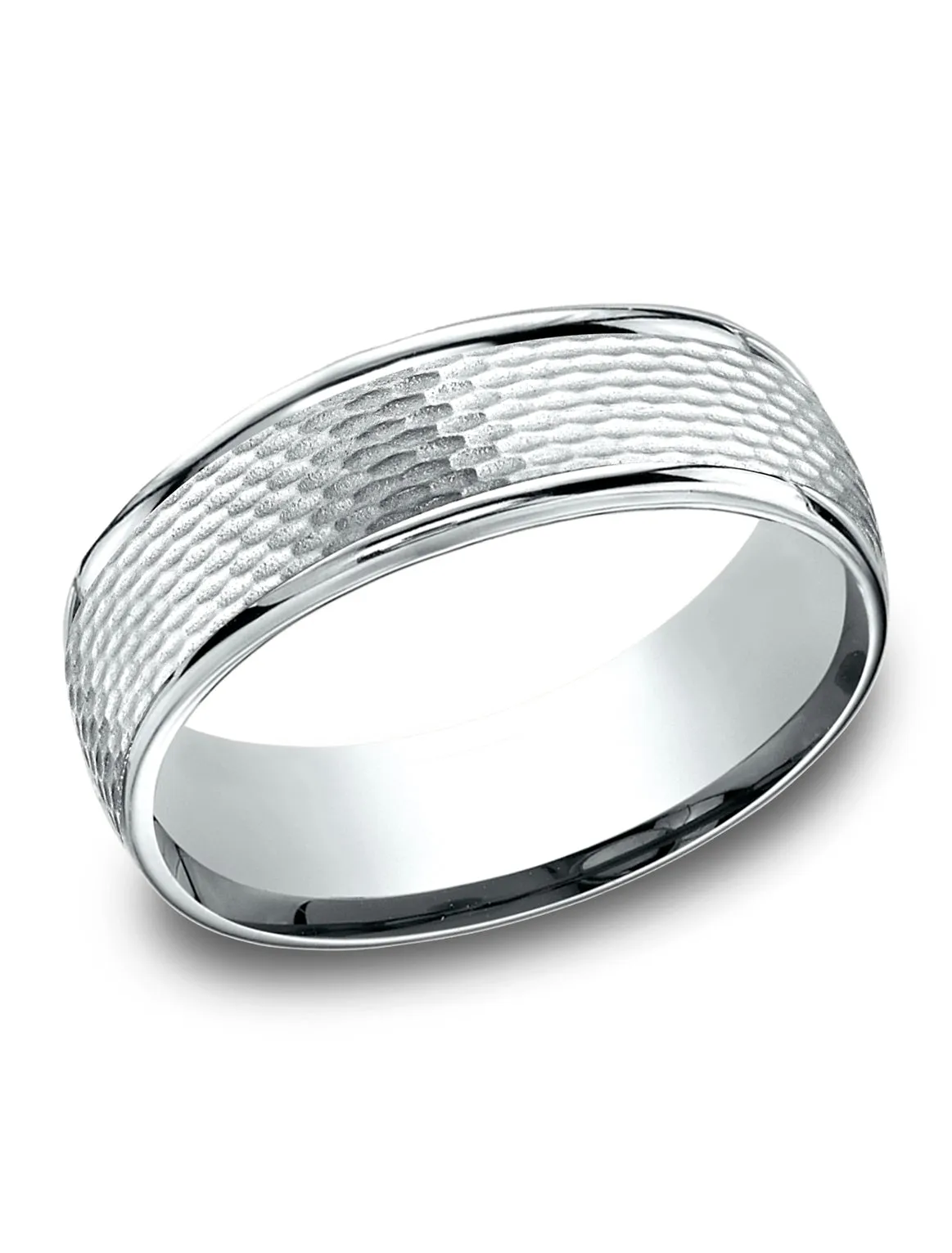 Benchmark 14K White Gold 7.5mm Comfort-Fit Round Edge Mesh Center Design Band, (Size 4-14)