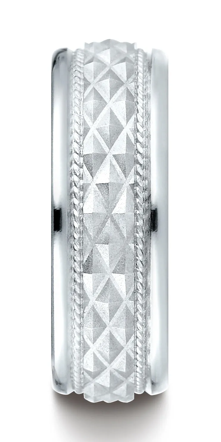 Benchmark 14K White Gold 8mm Comfort-Fit Round Edge Cross Hatch Patterned Wedding Band Ring