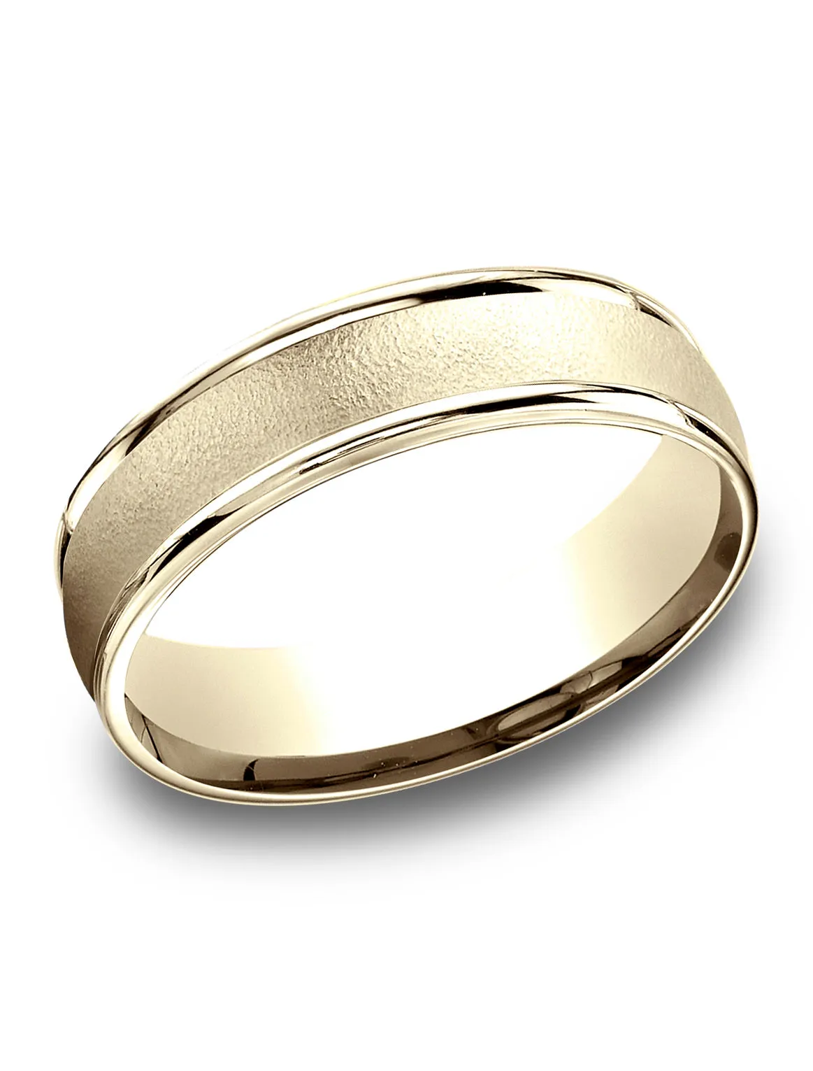 Benchmark 14k Yellow Gold 6.5mm Comfort-Fit Wired-Finished, Polished Round Edge Carved Design Band
