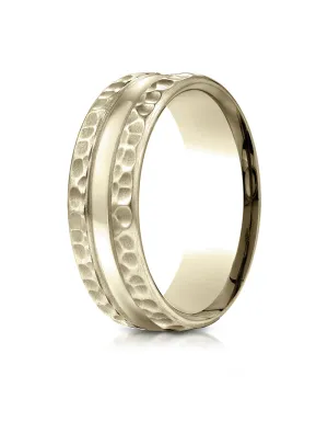 Benchmark 14K Yellow Gold 7.5mm Comfort-Fit Hammered Finish Center Cut Design Wedding Band Ring