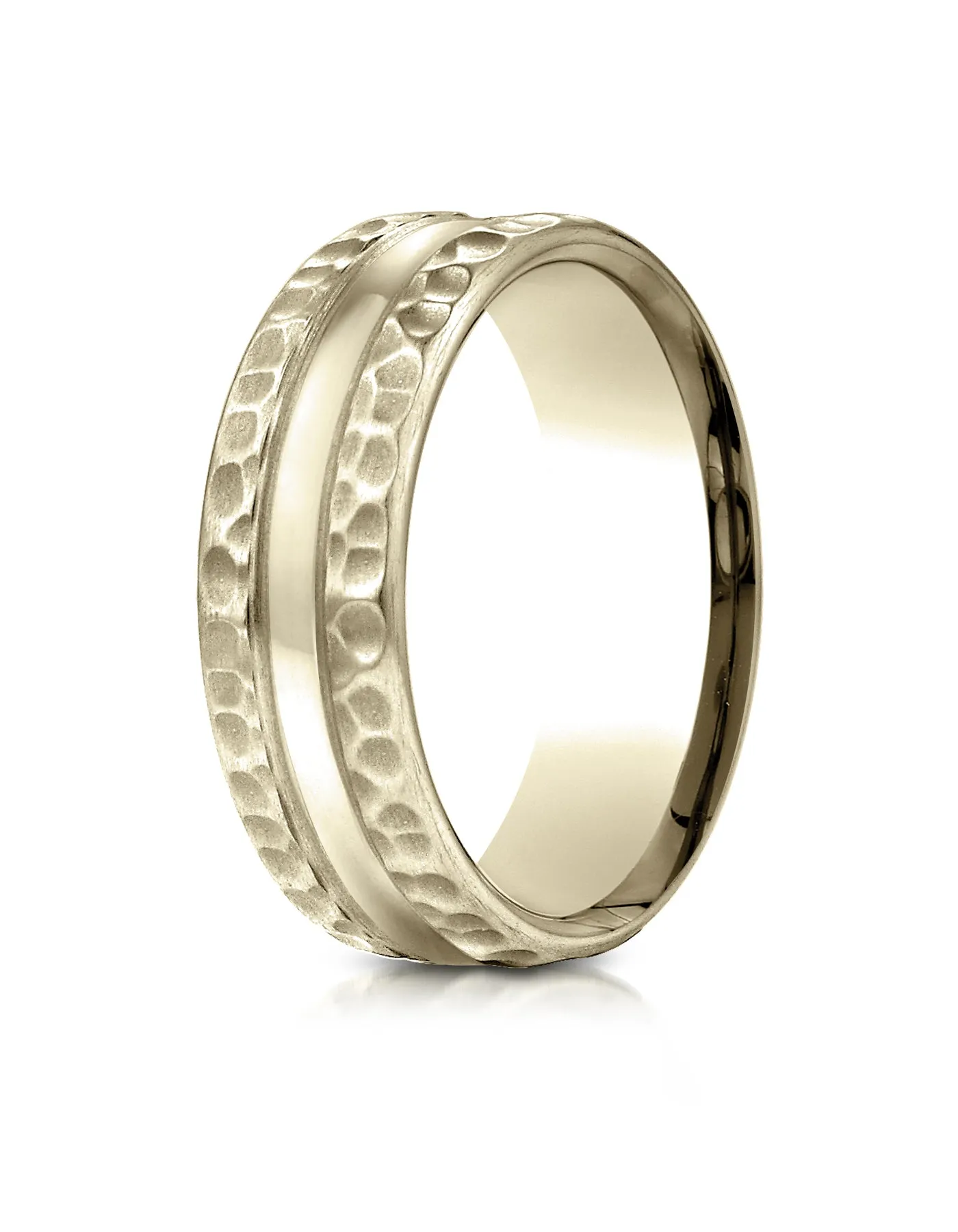 Benchmark 14K Yellow Gold 7.5mm Comfort-Fit Hammered Finish Center Cut Design Wedding Band Ring