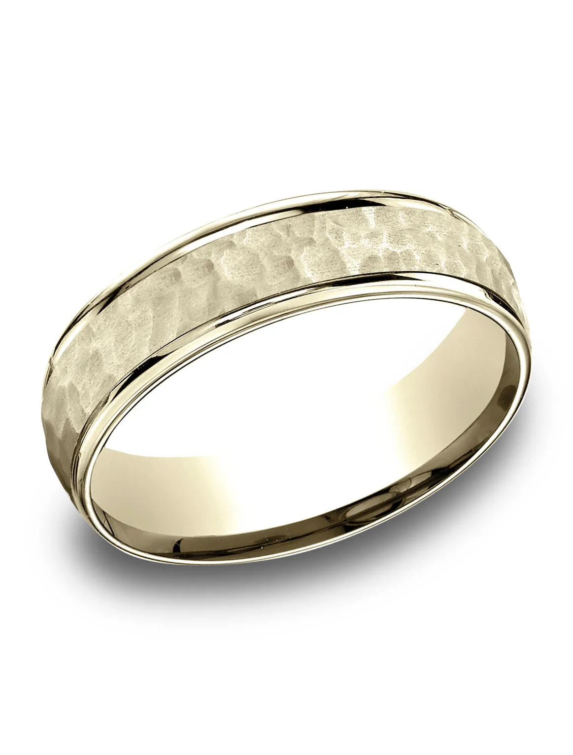 Benchmark 14k Yellow Gold Comfort Fit 6.5mm High Polish Edge Hammered Center Design Band, (Size 4-14)