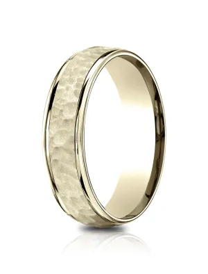 Benchmark 14k Yellow Gold Comfort Fit 6.5mm High Polish Edge Hammered Center Design Band, (Size 4-14)