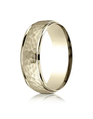 Benchmark 14k Yellow Gold Comfort-Fit 7mm High Polish Edge Hammered Center Design Band, (Sizes 6-13)