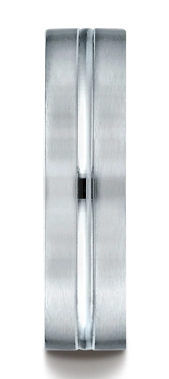 Benchmark 18K White Gold 6mm Comfort-Fit Satin-Finished with High Polished Center Cut Carved Design Ring