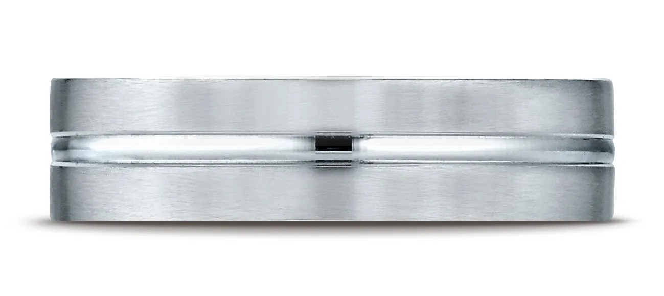 Benchmark 18K White Gold 6mm Comfort-Fit Satin-Finished with High Polished Center Cut Carved Design Ring