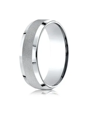 Benchmark 18k White Gold 7mm Comfort-Fit High Polish Round Edge Cross Hatch Center Design Band,(Size 4-15)