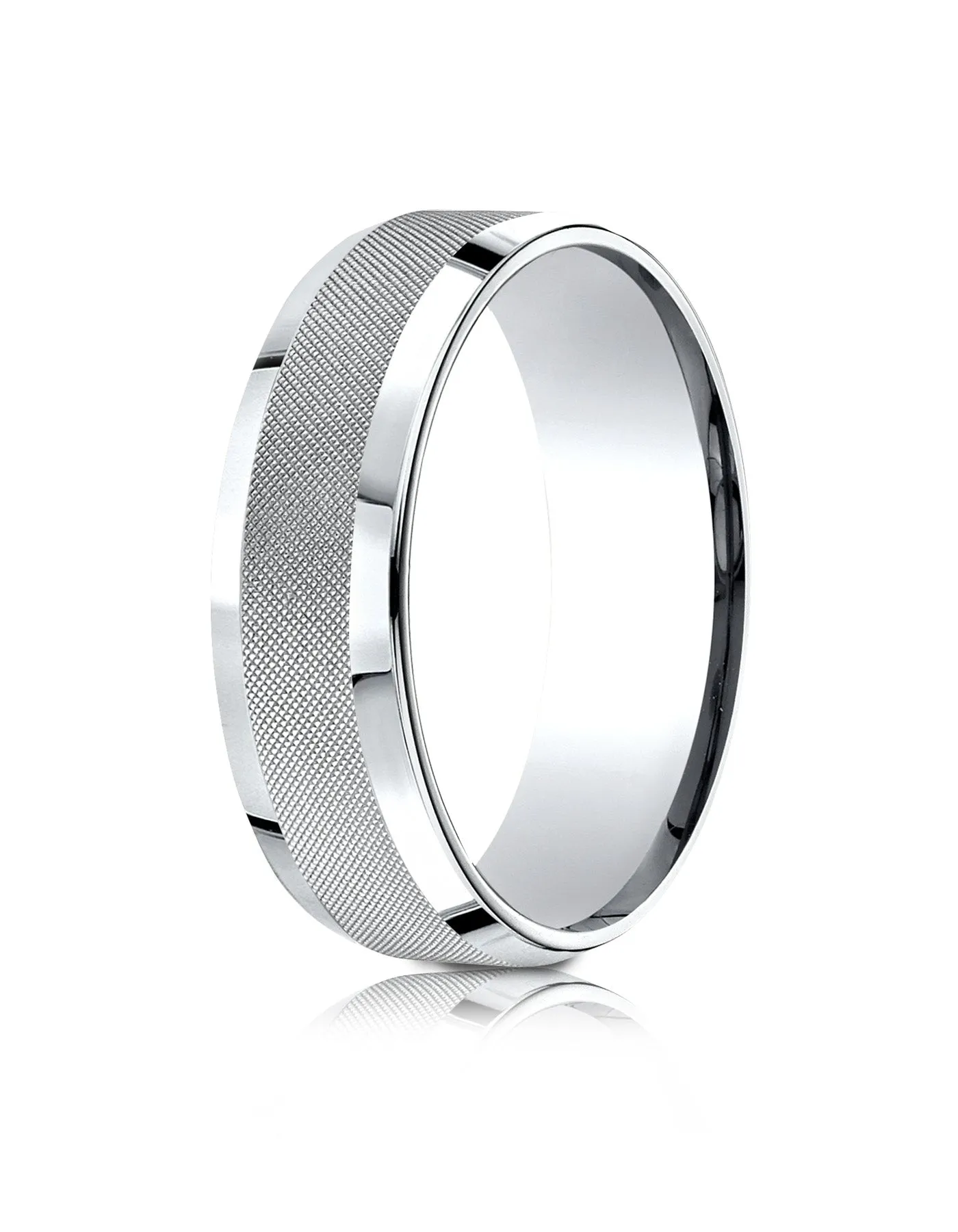 Benchmark 18k White Gold 7mm Comfort-Fit High Polish Round Edge Cross Hatch Center Design Band,(Size 4-15)