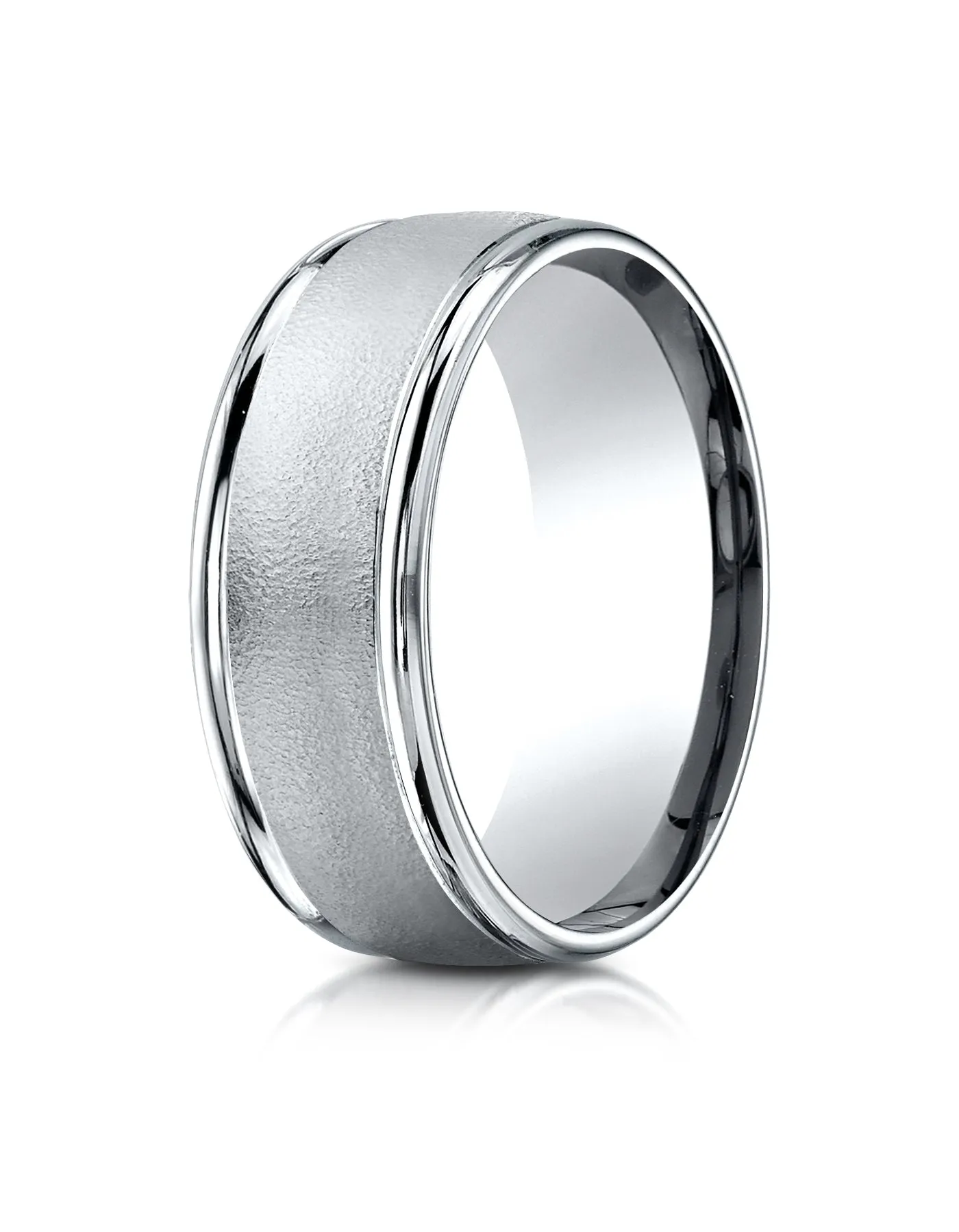 Benchmark 18K White Gold 8mm Comfort-Fit Wire Brush Finish with Round Edge Carved Design Wedding Band