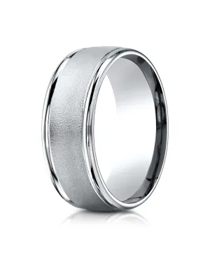 Benchmark 18K White Gold 8mm Comfort-Fit Wire Brush Finish with Round Edge Carved Design Wedding Band