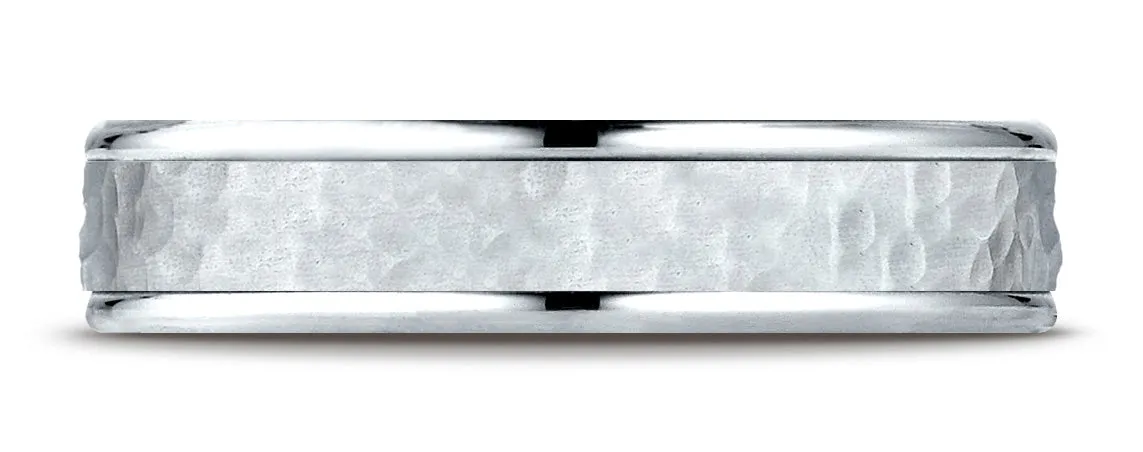 Benchmark 18k White Gold Comfort Fit 4mm High Polish Edge Hammered Center Design Band, (Size 6-13)