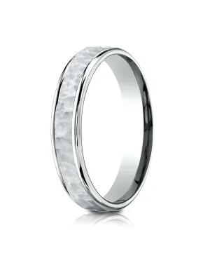 Benchmark 18k White Gold Comfort Fit 4mm High Polish Edge Hammered Center Design Band, (Size 6-13)