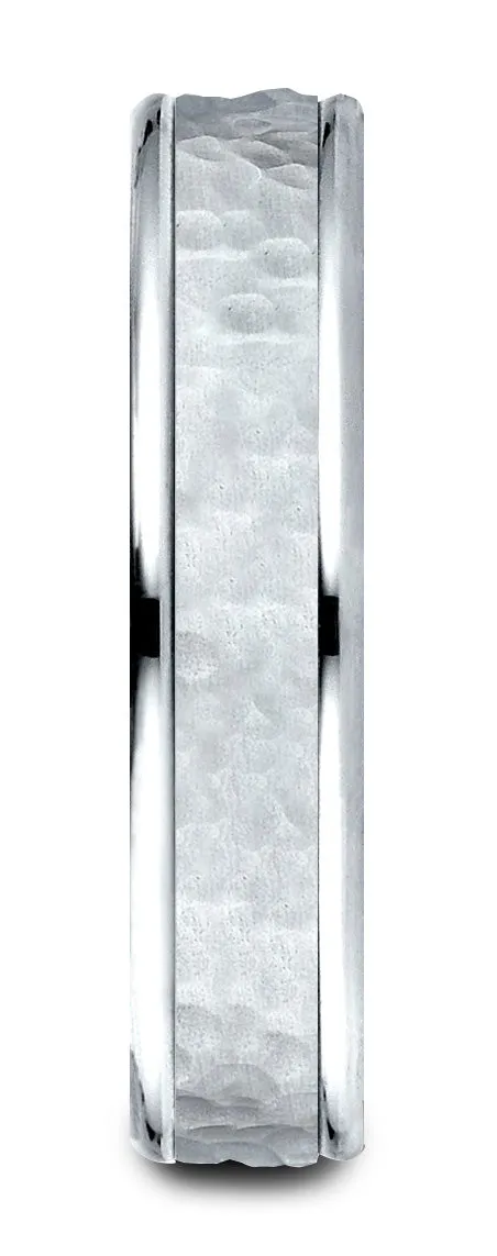 Benchmark 18k White Gold Comfort Fit 4mm High Polish Edge Hammered Center Design Band, (Size 6-13)