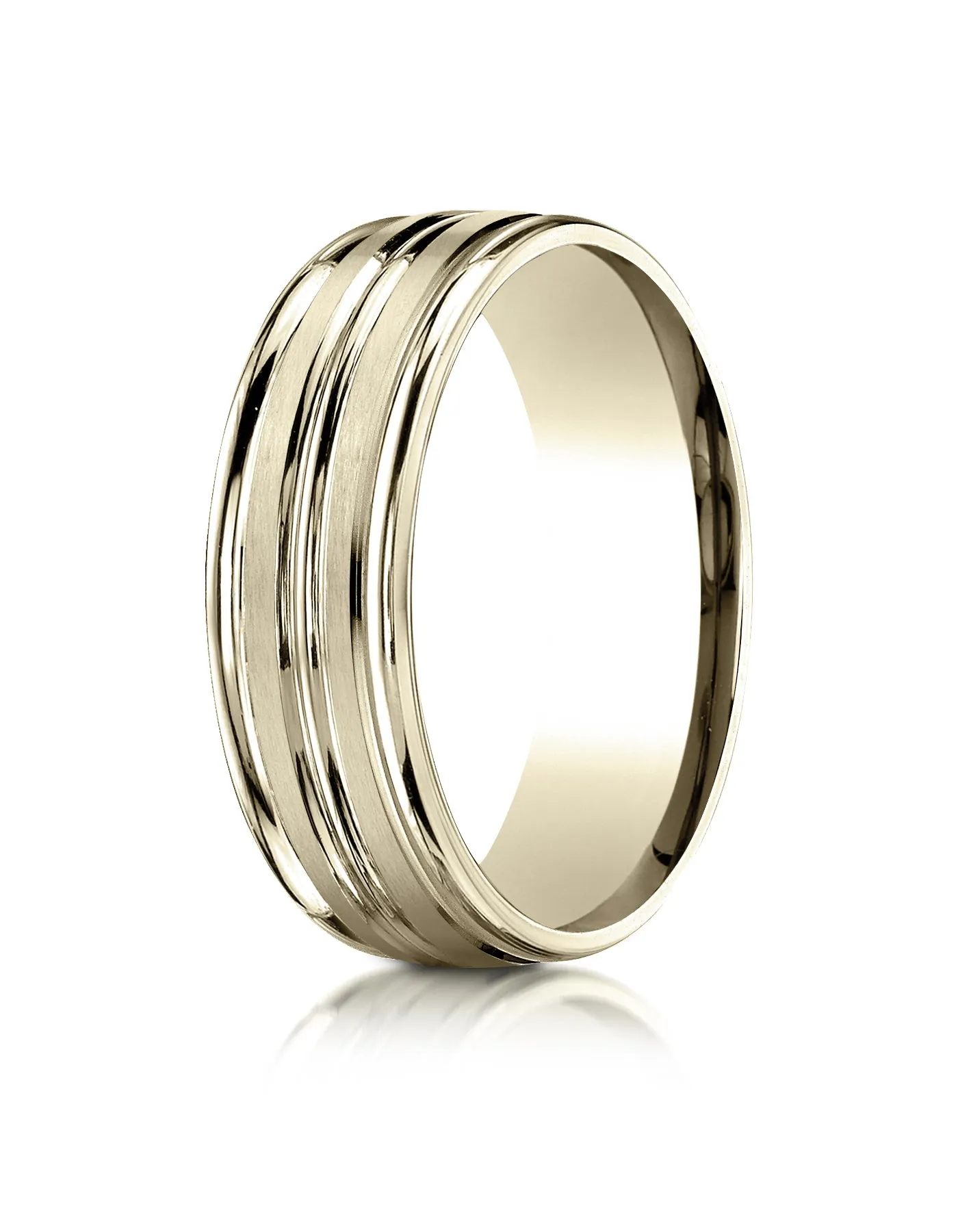 Benchmark 18k Yellow Gold 7mm Comfort-Fit Satin-Finish and Round Edge Carved Design Band, (Sizes 4-15)