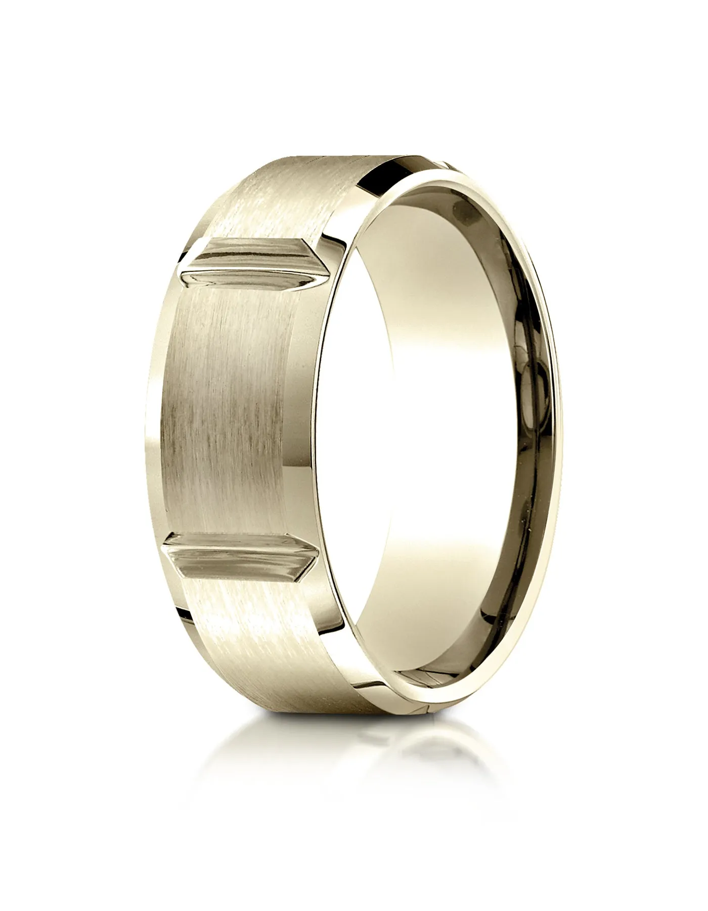 Benchmark 18K Yellow Gold 8mm Comfort-Fit Satin-Finished Grooves Carved Design Wedding Band Ring