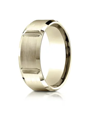 Benchmark 18K Yellow Gold 8mm Comfort-Fit Satin-Finished Grooves Carved Design Wedding Band Ring