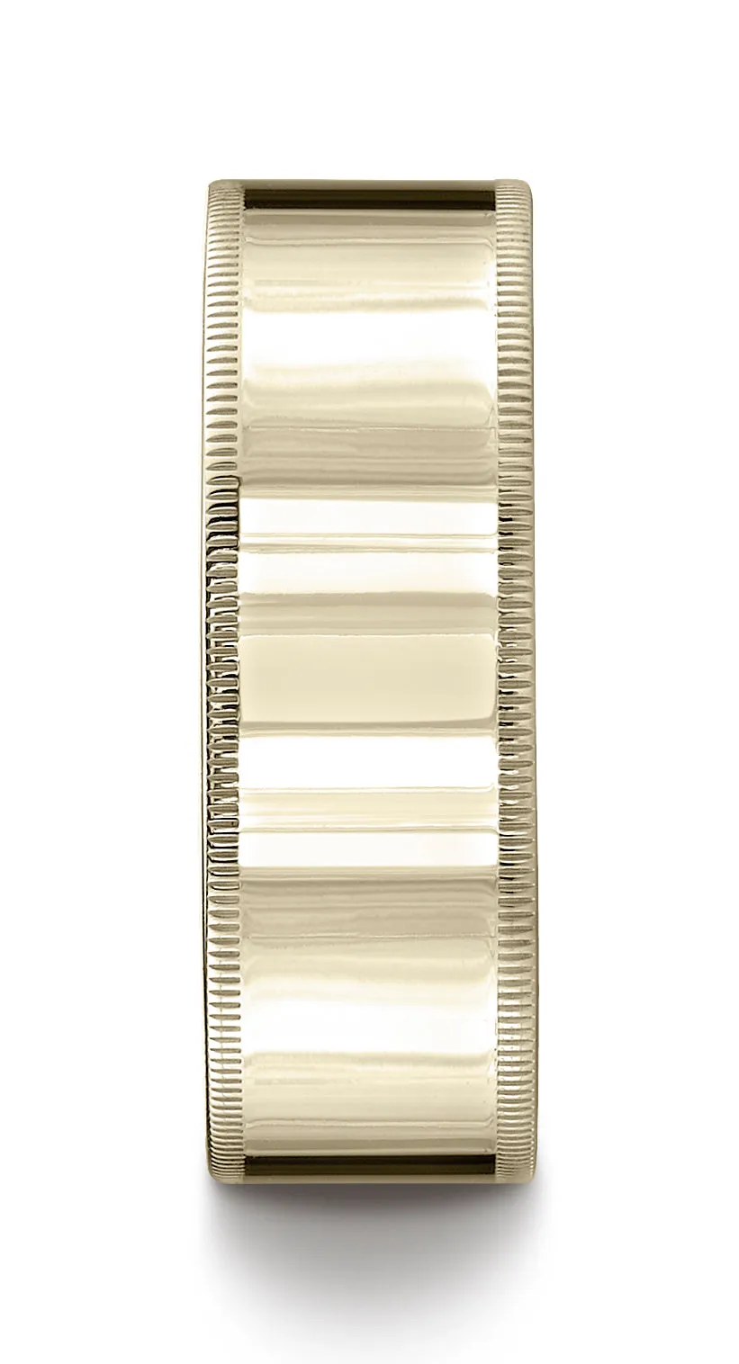 Benchmark 18K Yellow Gold 8mm Flat Comfort-Fit Wedding Band Ring with Milgrain (Sizes 4 - 15 )