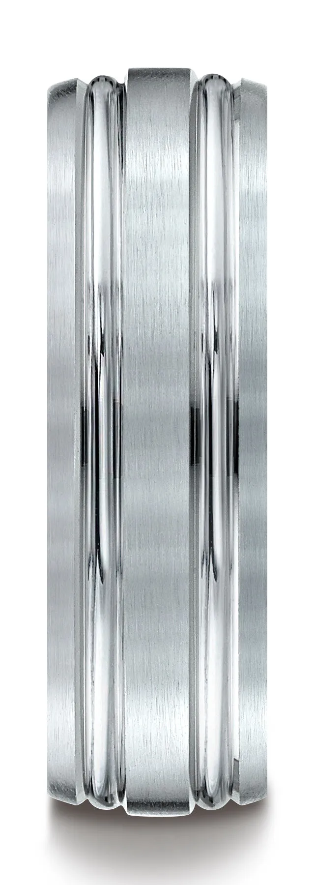 Benchmark Platinum 7mm Comfort-Fit Satin-Finished with Parallel Grooves Carved Design Band, (Sizes 4-15)