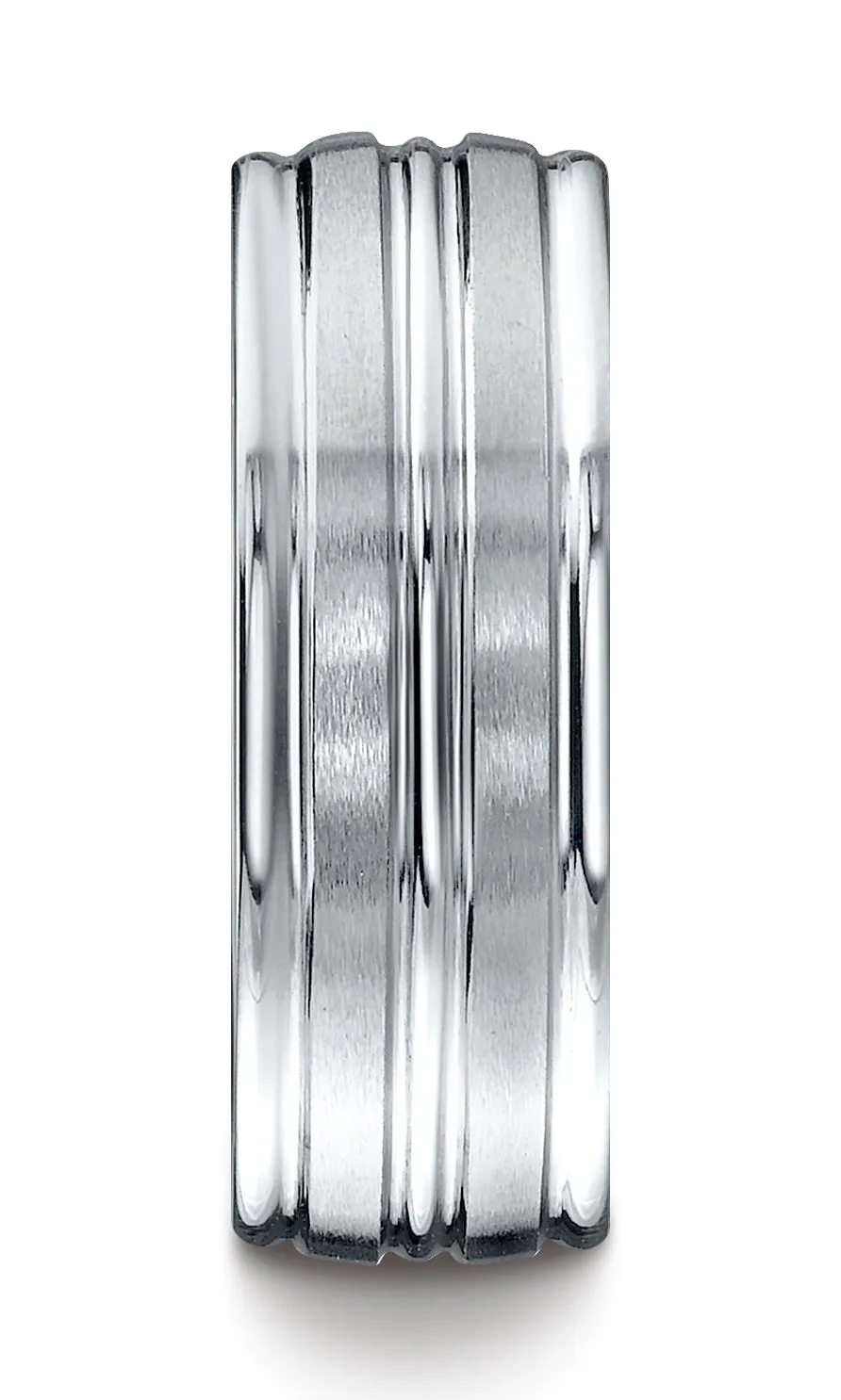 Benchmark Platinum 8mm Comfort-Fit Satin-Finish High Polish Center Trim and Round Edge Carved Design Ring