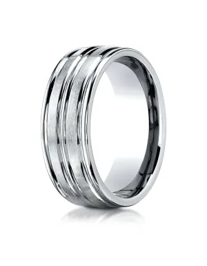 Benchmark Platinum 8mm Comfort-Fit Satin-Finish High Polish Center Trim and Round Edge Carved Design Ring
