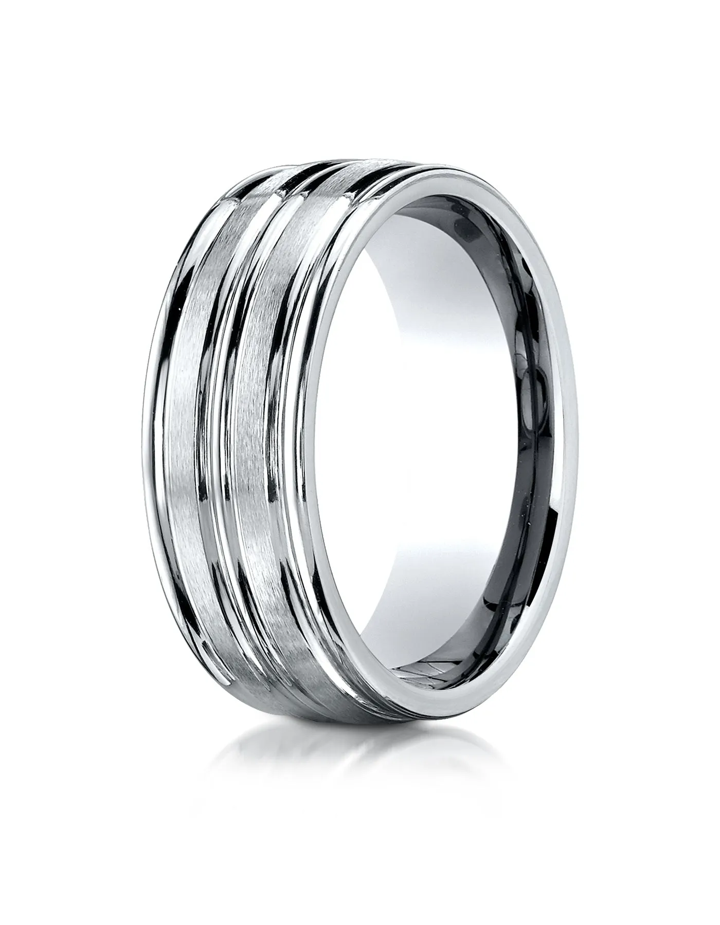 Benchmark Platinum 8mm Comfort-Fit Satin-Finish High Polish Center Trim and Round Edge Carved Design Ring