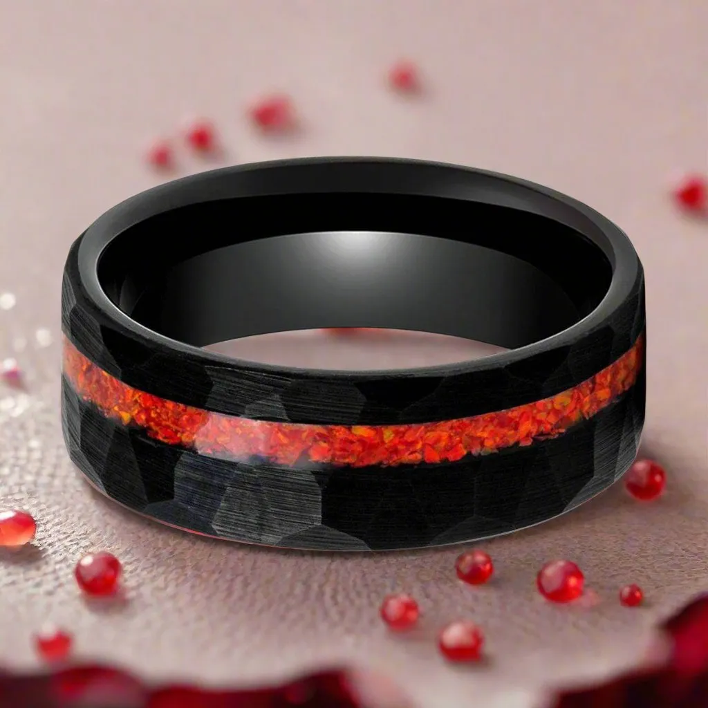CRIMSONITE | Black Tungsten Ring, Hammered, Orange Opal Inlay, Flat