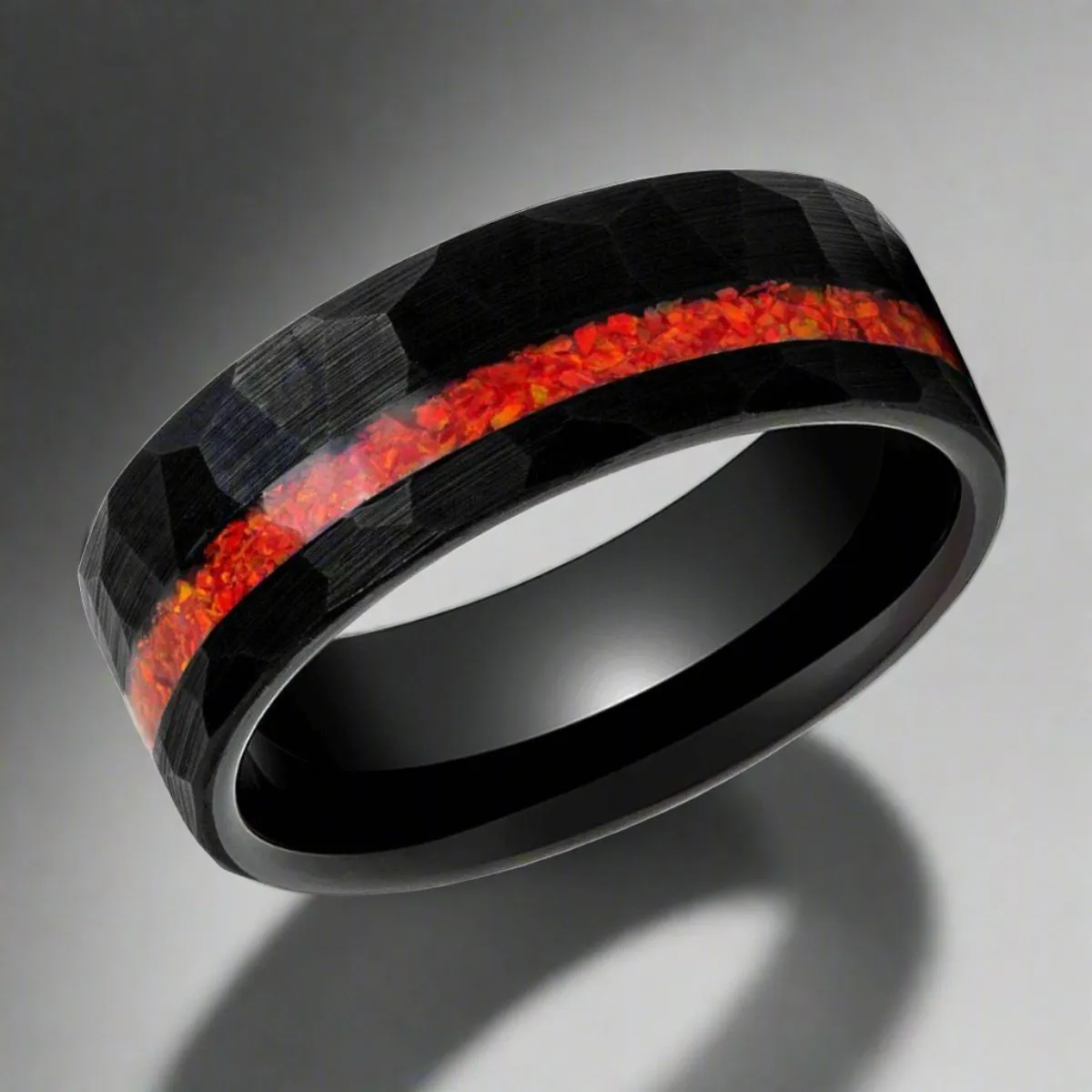 CRIMSONITE | Black Tungsten Ring, Hammered, Orange Opal Inlay, Flat