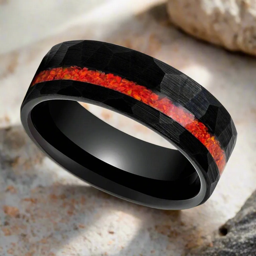 CRIMSONITE | Black Tungsten Ring, Hammered, Orange Opal Inlay, Flat
