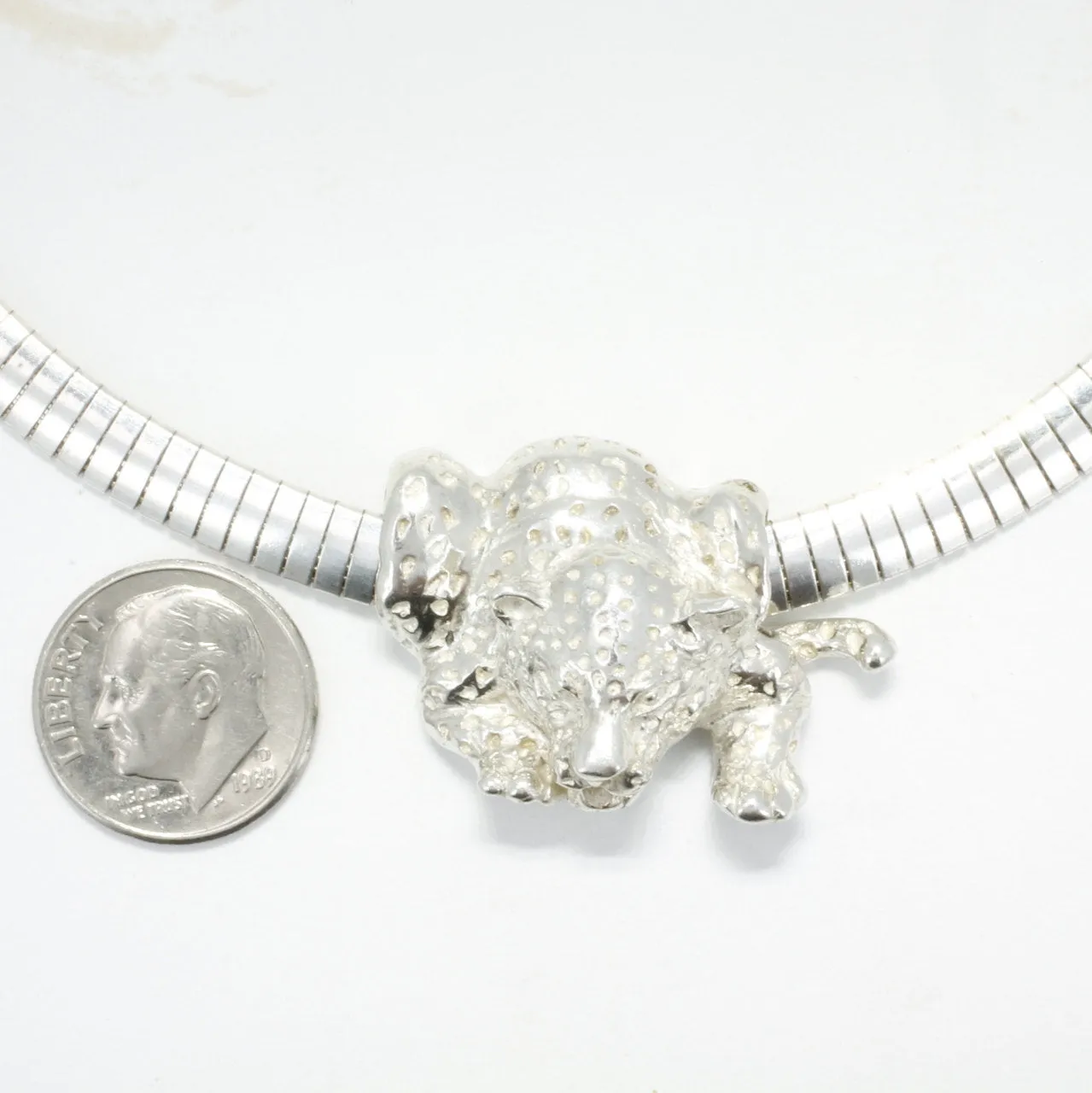 Crouching Silver Jaguar Slide Necklace  on 16" Omega silver Chain