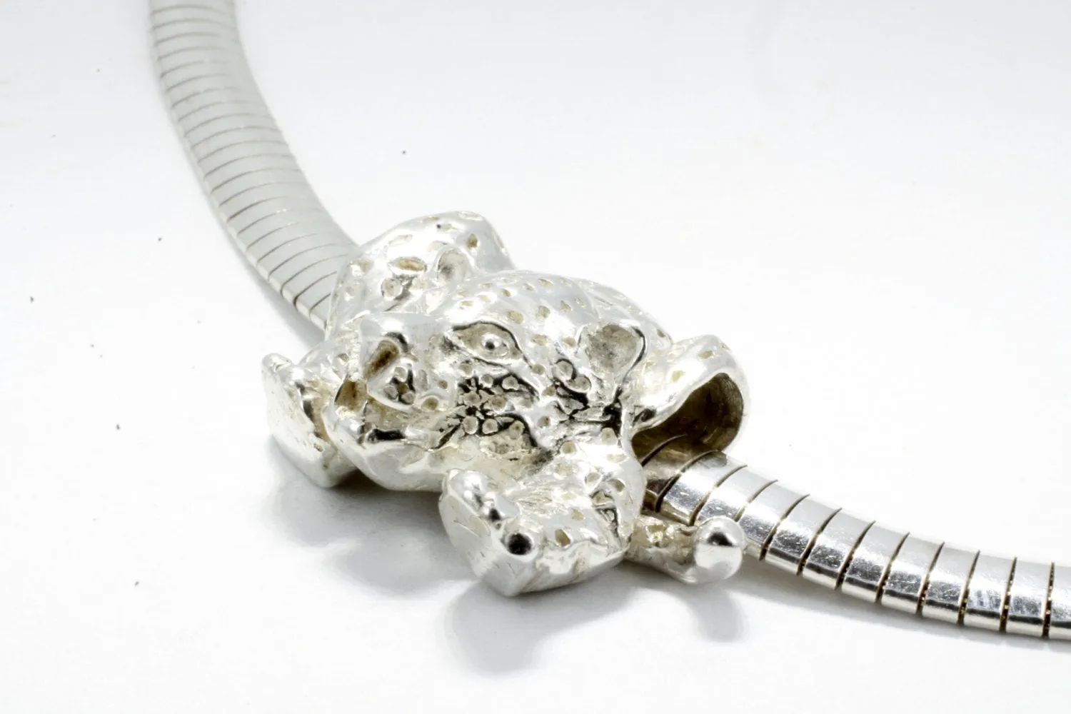 Crouching Silver Jaguar Slide Necklace  on 16" Omega silver Chain