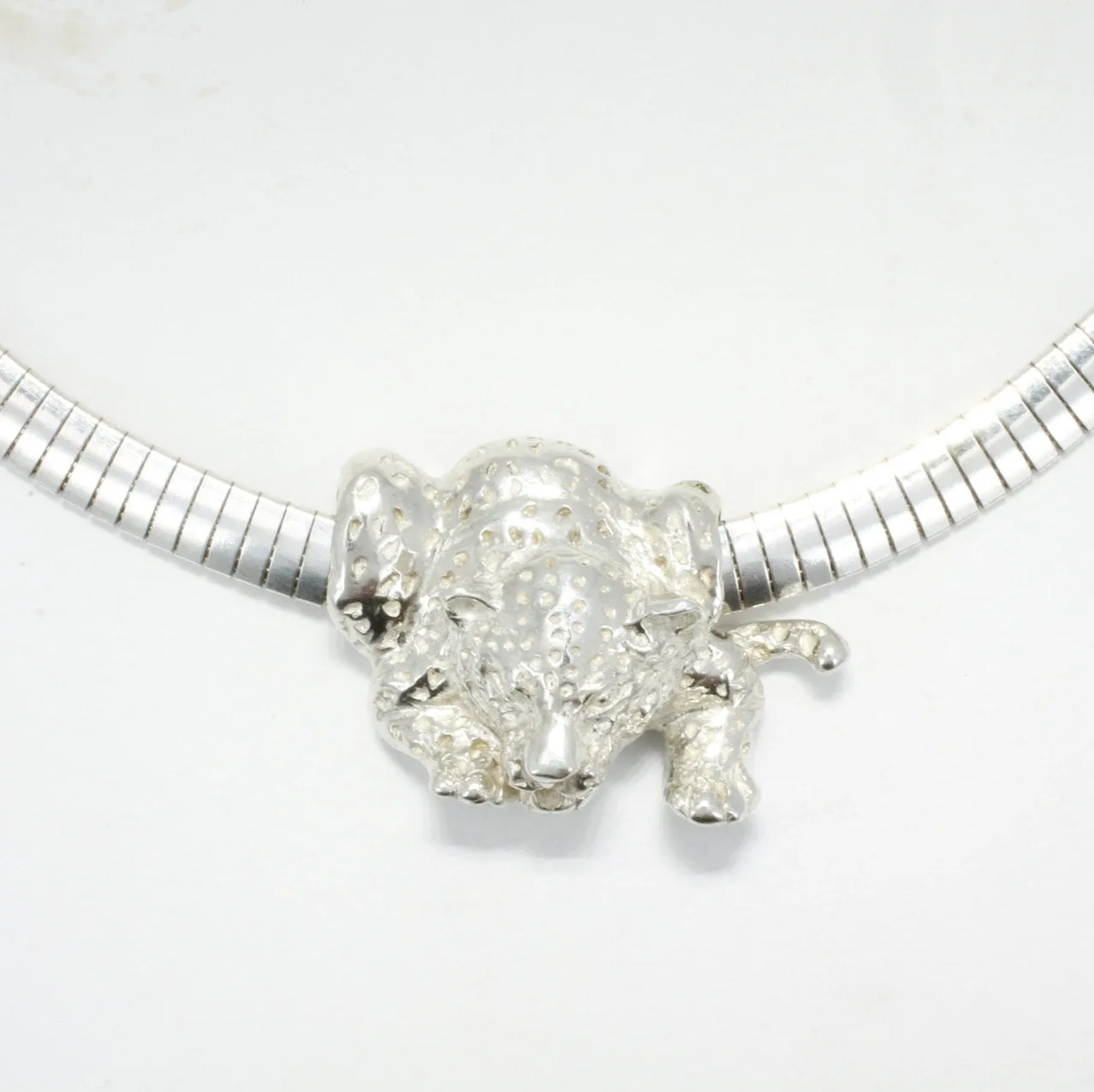 Crouching Silver Jaguar Slide Necklace  on 16" Omega silver Chain