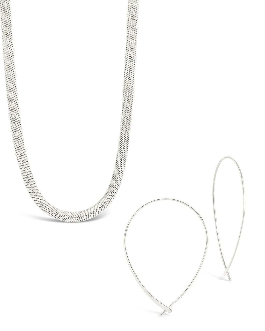 Delicate Threader Hoop Earrings & Herringbone Chain Necklace Set
