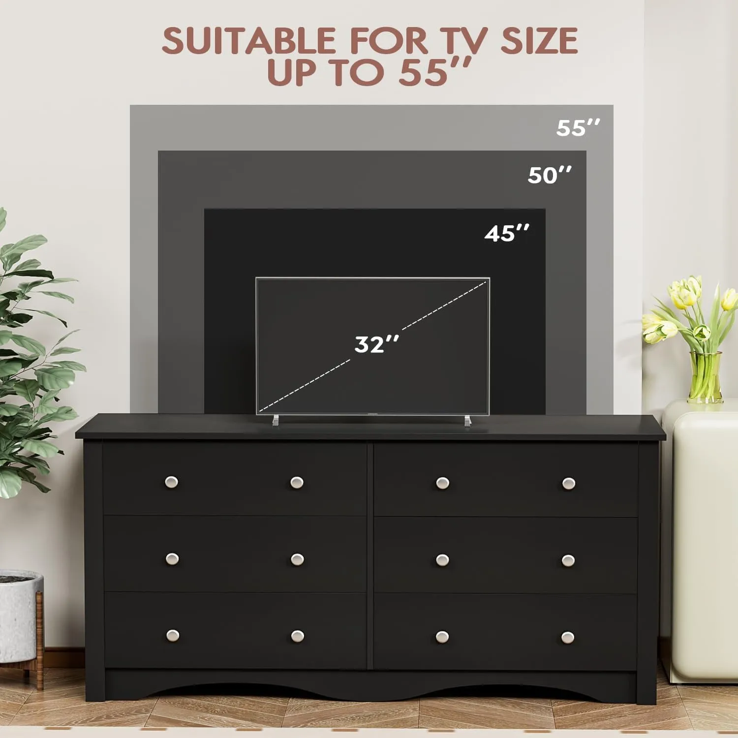 Dresser with 6 Drawer, Wood Wide Chest Storage Organizer and TV Stand