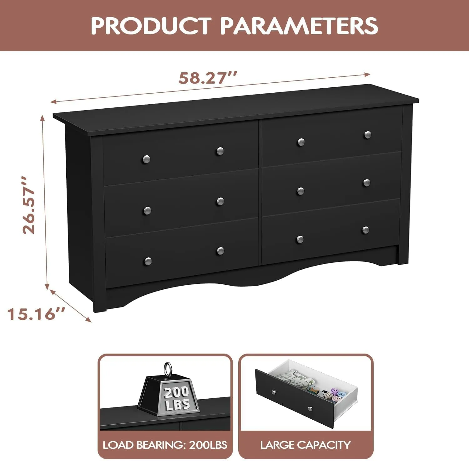 Dresser with 6 Drawer, Wood Wide Chest Storage Organizer and TV Stand