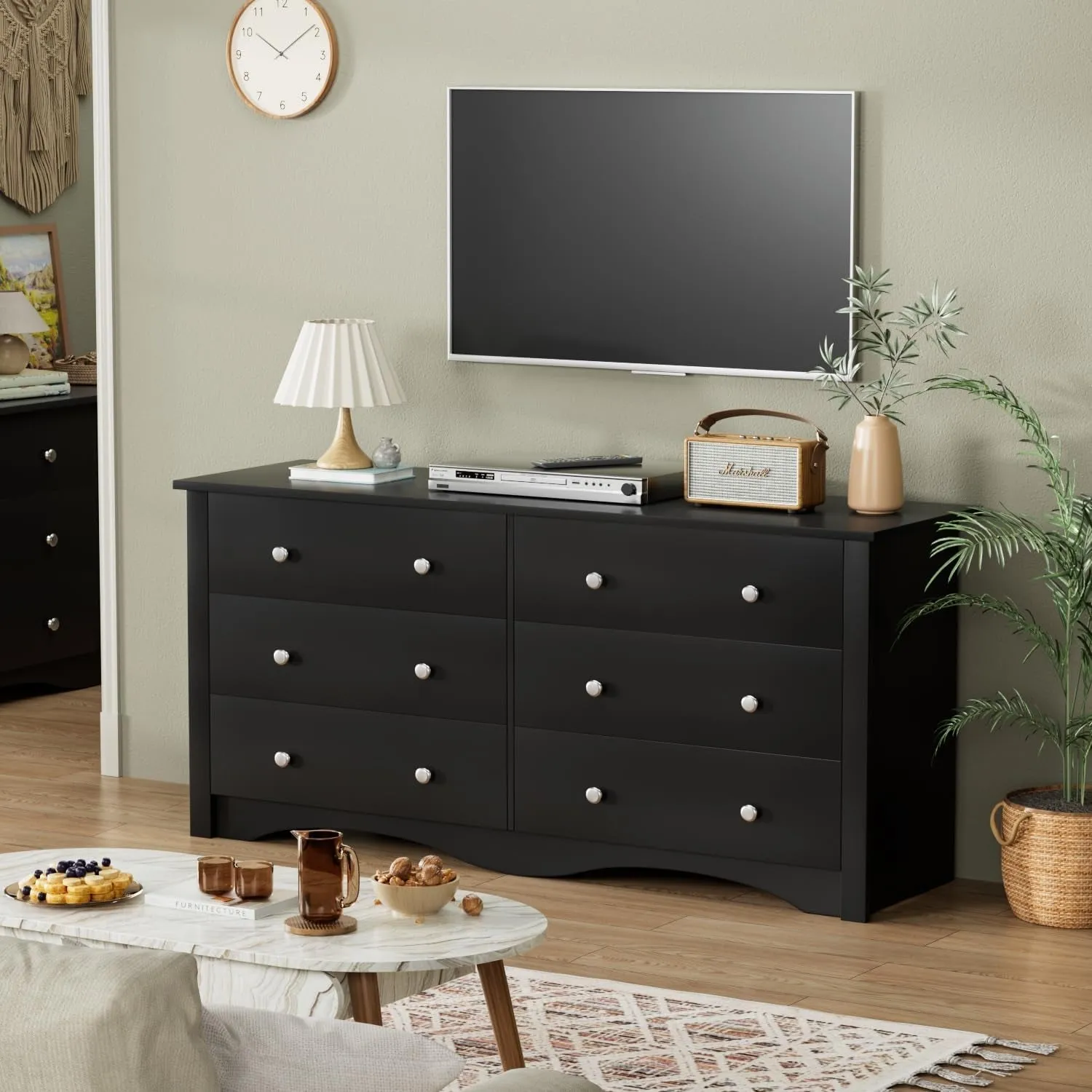 Dresser with 6 Drawer, Wood Wide Chest Storage Organizer and TV Stand