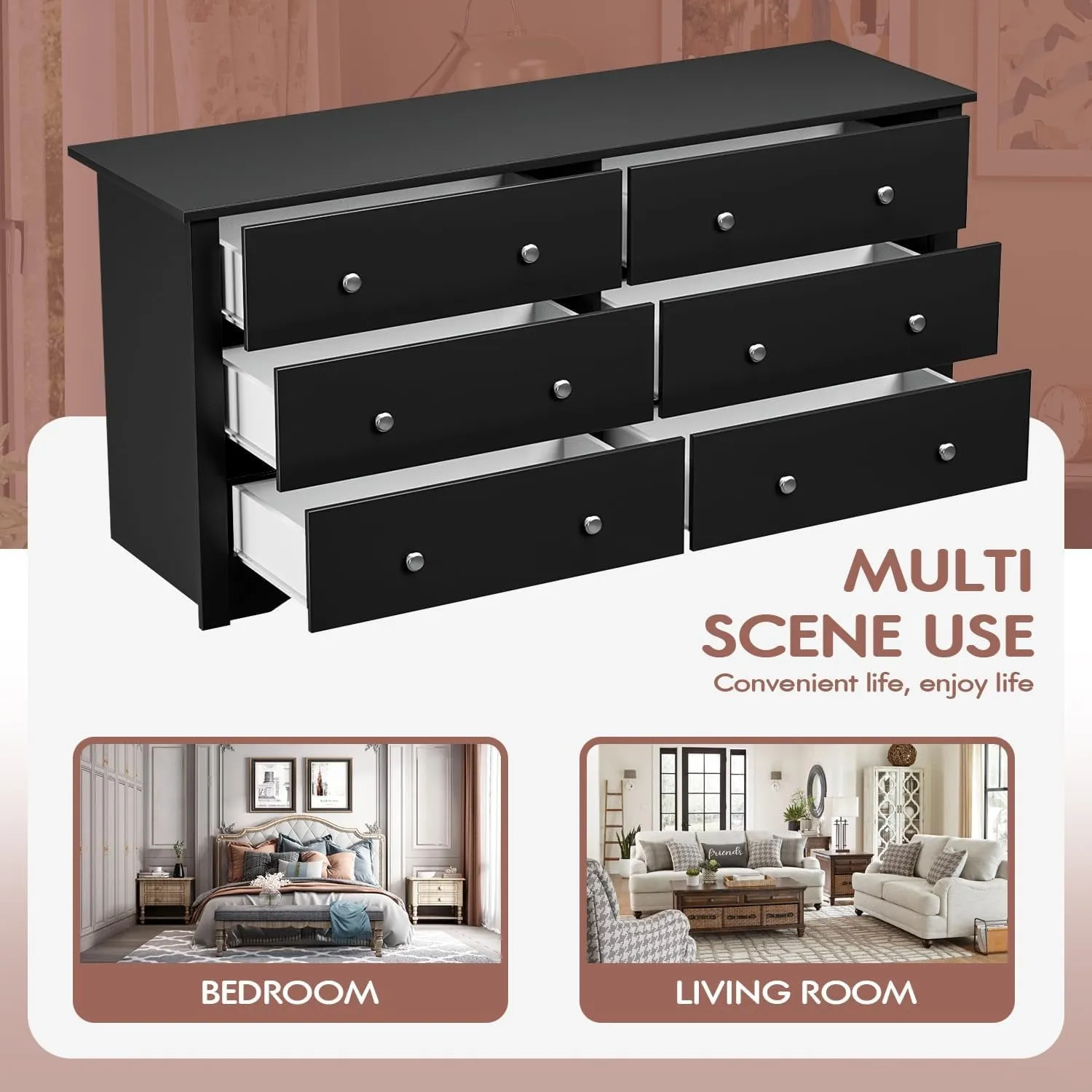 Dresser with 6 Drawer, Wood Wide Chest Storage Organizer and TV Stand