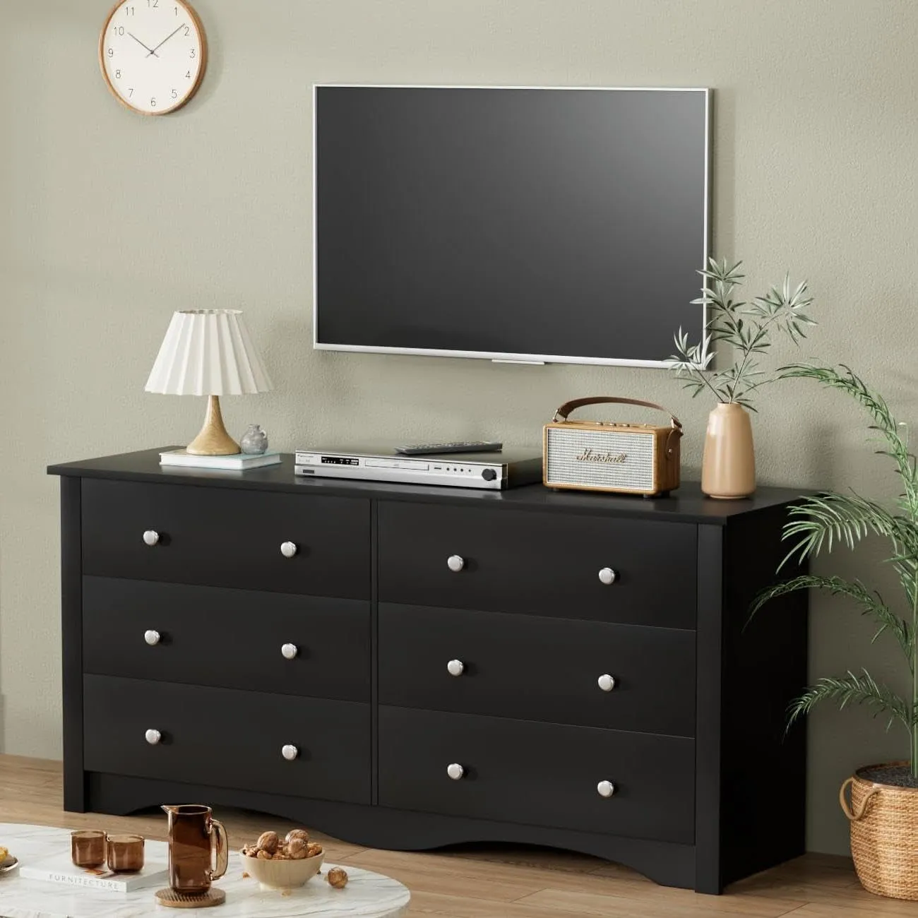 Dresser with 6 Drawer, Wood Wide Chest Storage Organizer and TV Stand