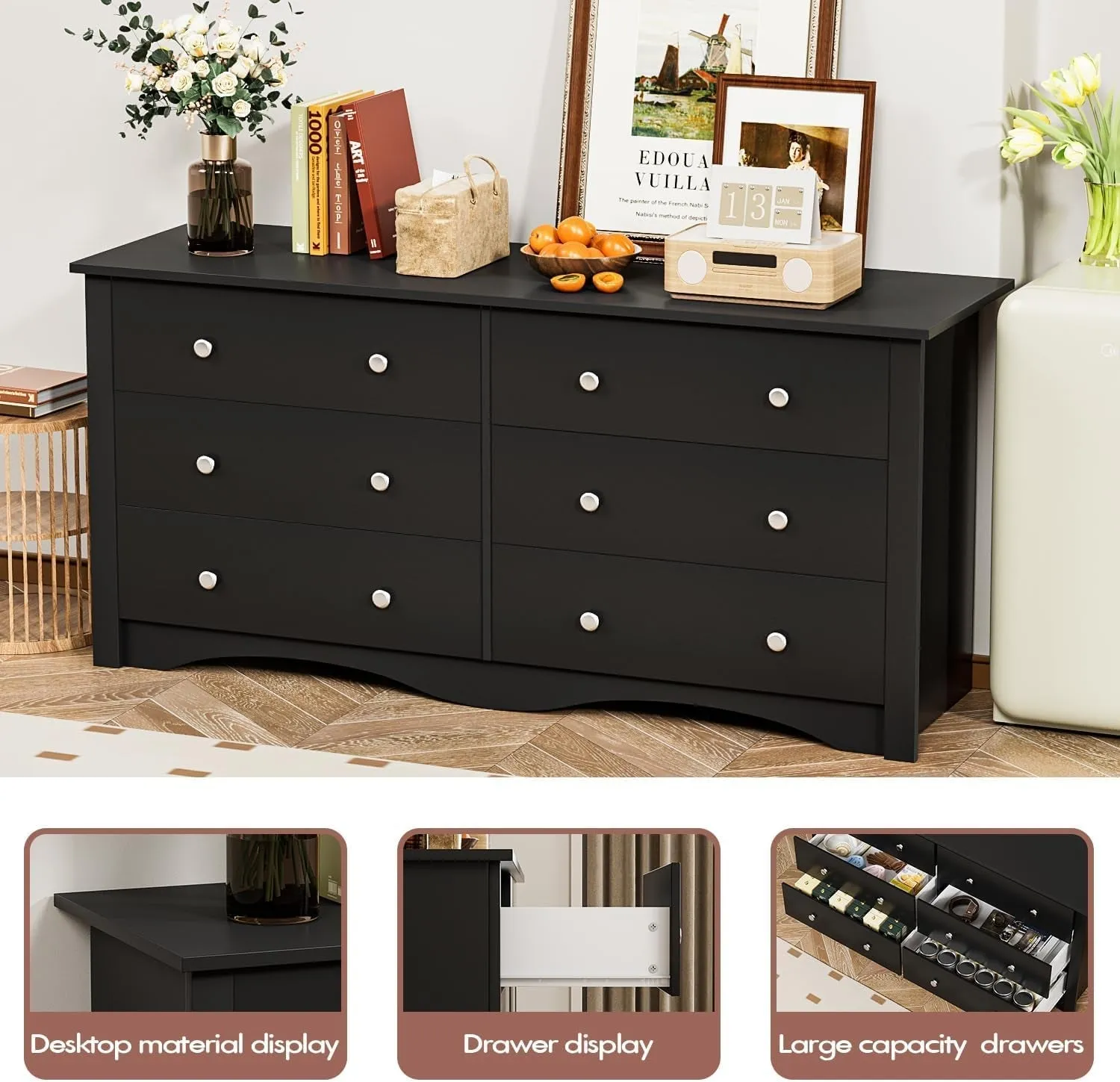 Dresser with 6 Drawer, Wood Wide Chest Storage Organizer and TV Stand