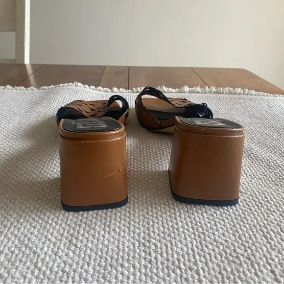 Emanuele Crasto Cognac Italian Leather Cutout Slides Block Heel 2.5” Size EU 41