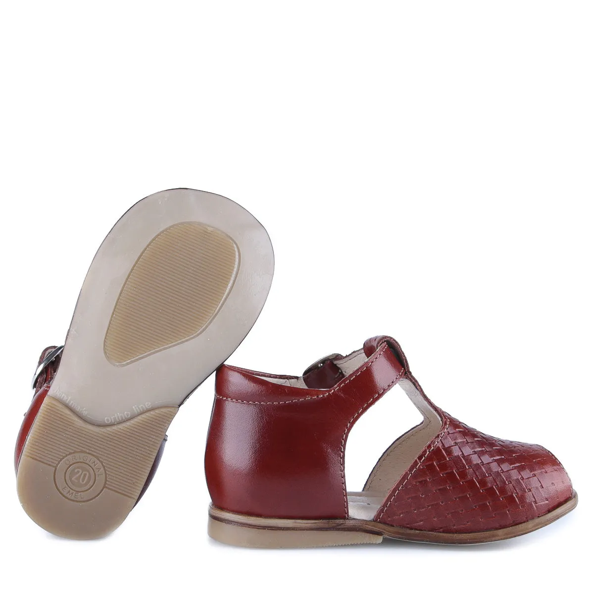 Emel Dark Cognac Weave Peep Toe Buckle Sandal