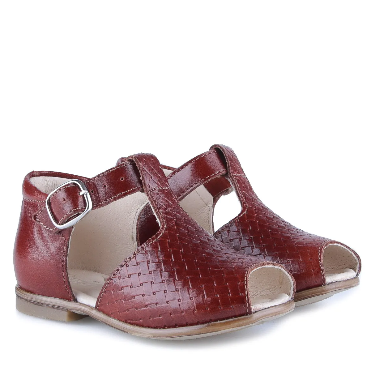 Emel Dark Cognac Weave Peep Toe Buckle Sandal