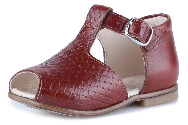 Emel Dark Cognac Weave Peep Toe Buckle Sandal