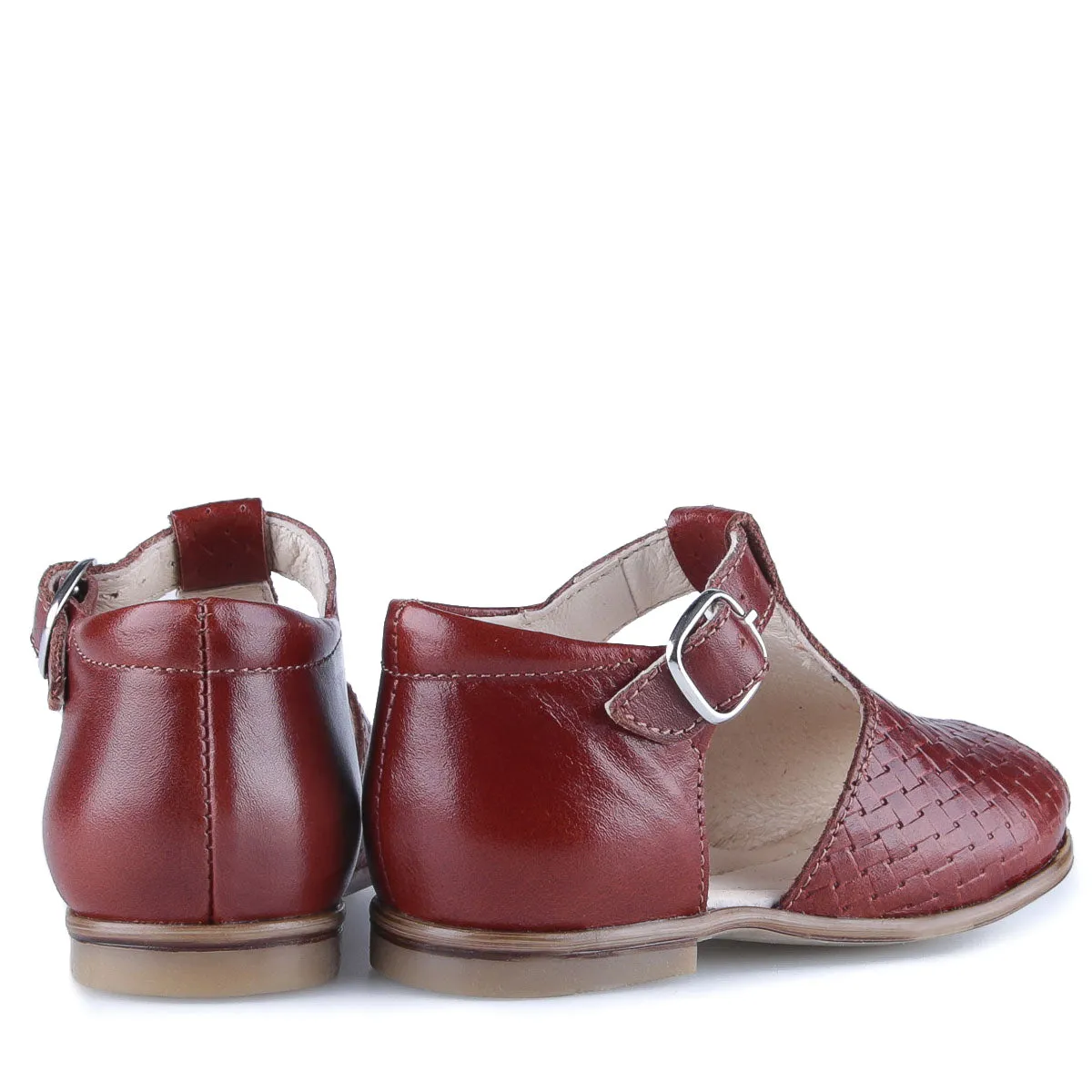 Emel Dark Cognac Weave Peep Toe Buckle Sandal
