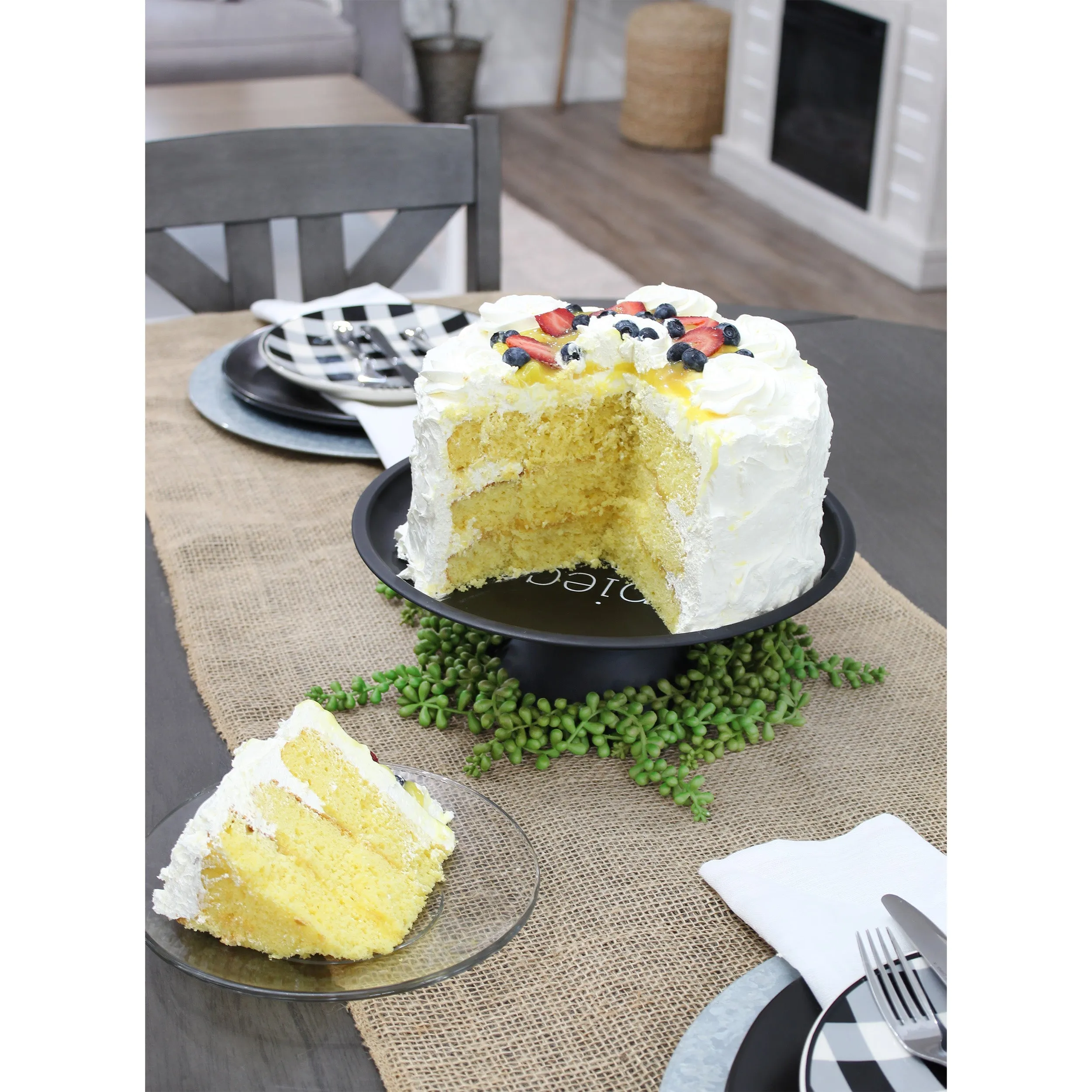 Enamelware Cake Stand, Round Metal Pedestal Style