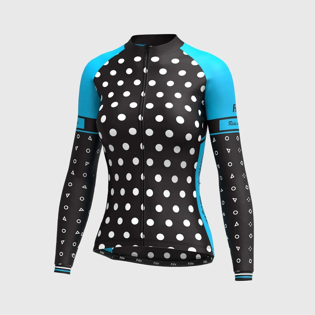 Fdx Polka Dots Women's & Girl's Blue Thermal Roubaix Long Sleeve Cycling Jersey