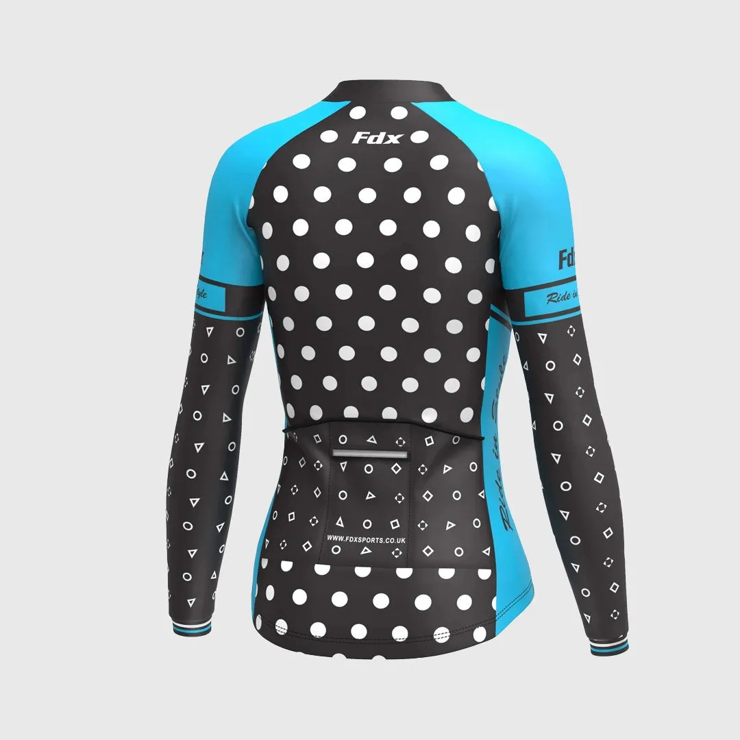 Fdx Polka Dots Women's & Girl's Blue Thermal Roubaix Long Sleeve Cycling Jersey